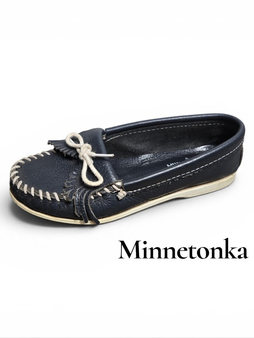 Minnetonka Women's Navy Moccasin with Cream Accents
